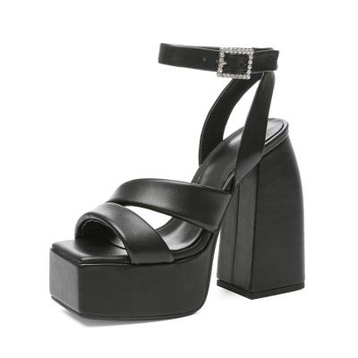 China The fashion trend in the summer of 2022, the square head thick belt open the Toe Thickened Water Platform Thick heel sandals PU ankle wood 107 strap for sale