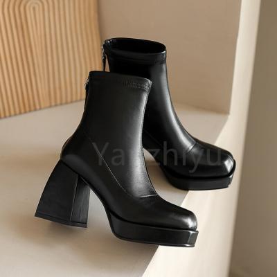 China EVERGREEN Platform Chunky Heels Designer Boots for Women 2022 Women's New Arrival Elegant Luxury Street Fashion Sexy Solid Black Leather Booties for sale