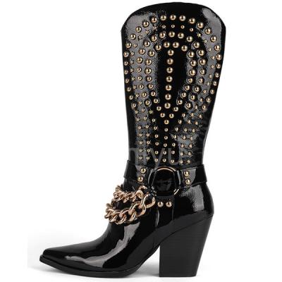 China Shiny leather cowgirl boot Chunky Heel Chain Buckle Golden cowboy black EVERGREEN Boots Knee High little shoes women's fashion for sale