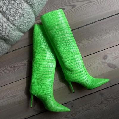 China Green Color EVERGREEN Women's Boots Crocodile Pattern Pointed Toe Shoes Luxury Stilettos Botas Femininas Demonia Boots High Heels New for sale