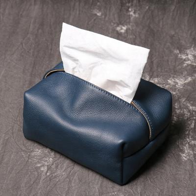 China Minimalist High End Genuine Cow Leather Rectangular Tissue Box Lid Holder for Bathroom Vanity Countertops, Night Stands, Desk and Car for sale