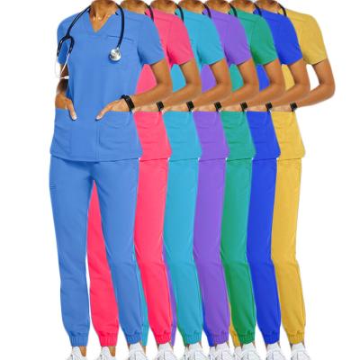 China Hot Sale Hospital V-Neck Hospital Uniforms Medical Nursing Scrub Uniform Scrub Sets Short Sleeve Tops Trotter Pants Uniform Women Nursing for sale