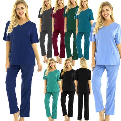 China Custom Hospital Stretch Spandex Stacked Pants Nurses Hospital Uniforms Nursing Scrub Suit Uniforms Tracker Women Scrub Sets Uniform for sale