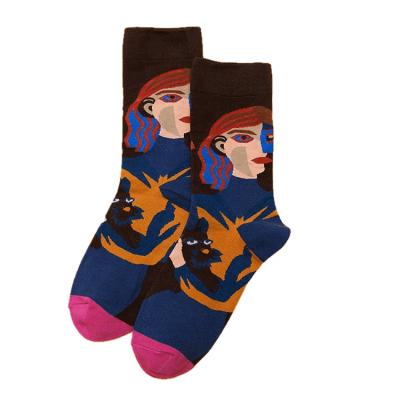 China Best Selling Fashion Antibacterial Women's Happy Socks Oil Painting Girl Cotton Fashion Women Fashion Long Socks Design Dropshipping for sale