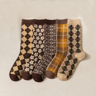 China Logo Socks Custom Made Antibacterial 2021 Autumn Winter Plaid High Quality Women Cotton Cute Floral Dropshipping Breathable Long Socks for sale