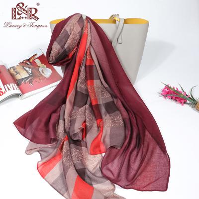 China 2022 Polyester Women Scarf Thin Plaid Silk Feeling Scarf For Women Scarf Woman Shawl Beach Sarongs Sun Pareo And Wraps Chiffon Veil for sale