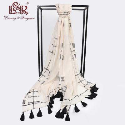 China 210CM Long Cotton Plaid Women Scarf Femme Foulard Linen Scarf For Women With Long Tassel for sale