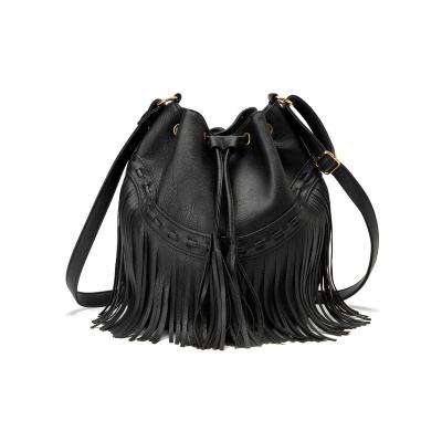 China Luxury Wholesale Fashion Ladies Leather Drawstring Bucket Bag Western Style Tassels Shoulder Bag Custom Women Purses for sale