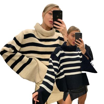 China Anti-Wrinkle Drop Stripe Turtle Neck Pull Over Sweater Women Long Sleeve Loose Knitted Tops for sale