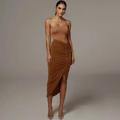 China Fashion Ladies Solid Color Breathable Brown Casual Slim Ruched Split Edge Split Edges Women's Midi Edges for sale