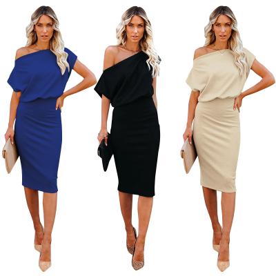 China 2021 summer anti-static newcomer off the shoulder office lady wear solid dress women's casual dress for sale