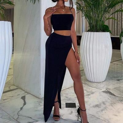 China High quality garment summer anti-pilling suspender long top split skirt set skirt two-piece set for sale