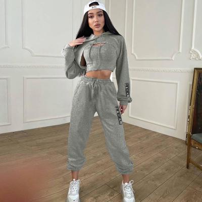 China 2021 Anti-Pilling Casual Women's Clothing Fall Hollow Jogger High Street 3 Piece Sweatpants And Hoodie Set for sale