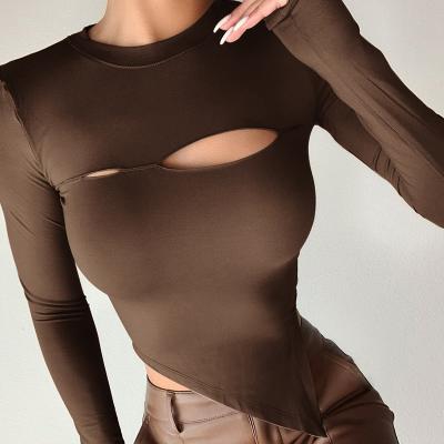 China Anti-pilling Ladies Tops Elastic Fake Neck Women's Tops Latest Design Drop Shoulder Asymmetric Cutout Top Drop for sale