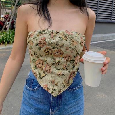 China Breathable Women Tops Floral Print Fashionable Retro Tube Top Summer Sets Cotton Croptop for sale