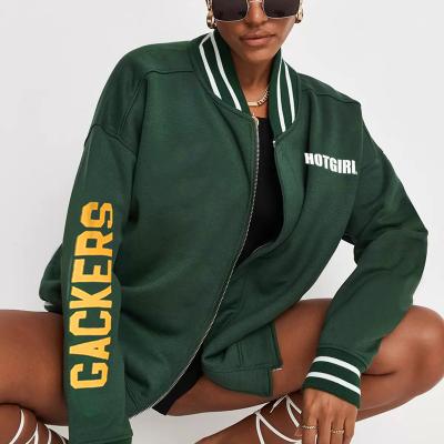 China Breathable low moq streetwear green casual baseball coat letter print sports loose varsity jacket for sale