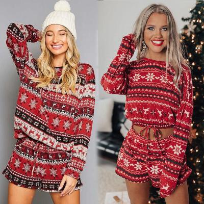 China Anti-pilling in the running snowflake printing Christmas long sleeve shorts winter pajamas women's loungewear set for sale