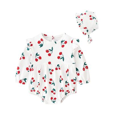 China ODM/OEM Spring Cherry Pattern Soft 100% Cotton Baby Romper Long And Sleeve Girls Fall 0-12 Months Baby Rompers Clothes for sale