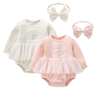 China ODM/OEM 100% Cotton Lace Baby Romper Wholesale 100% Cotton Toddler Girls Clothes With Hair Band, Infant Romper for sale