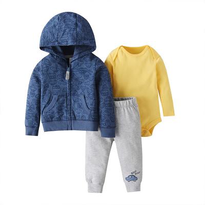 China Spring And Autumn Baby Boy Casual Clothes Set Fashion Three-Piece Suit Long Sleeve Hooded Jacket Pants Romper Sets for sale