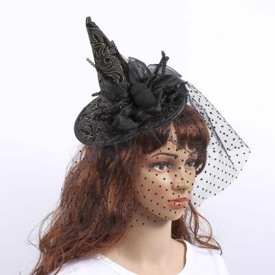 China New Product Belle Mystery Veil Party Hat Halloween Women Spider Witch Hat Adult Black Tulle Fashion Hat Halloween Props for sale