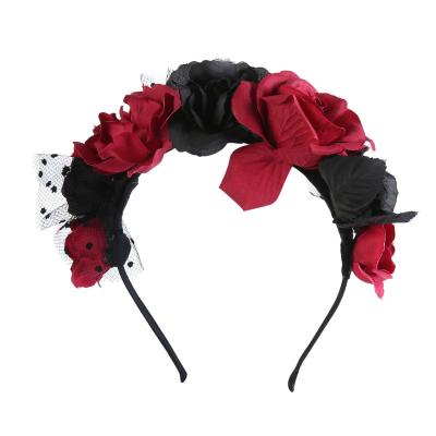 China Newly Beautiful Sweet Custom Made Dark Red And Black Rose Halloween Headband For Party Fashion Hair Accessories for sale