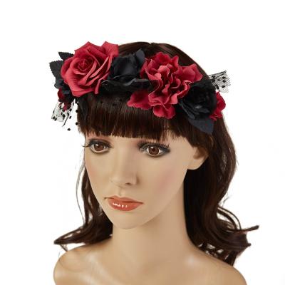 China New Design Red and Black Sweet Queen Halloween Tulle Rose Headband for Party Women Girls Hair Accessories for sale