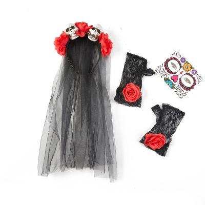 China Beautiful Halloween Lace Gloves and Veil Wholesale Rose Double Human Skeleton Masquerade Mask Headband Set for Halloween Party for sale