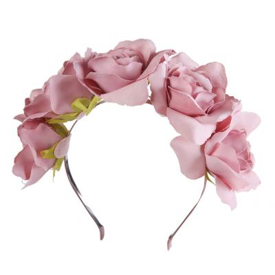 China Custom Made Soft Large Pink Flower Large Roses Metal Headband Hairband For Wedding Fashion Hair Accessories for sale