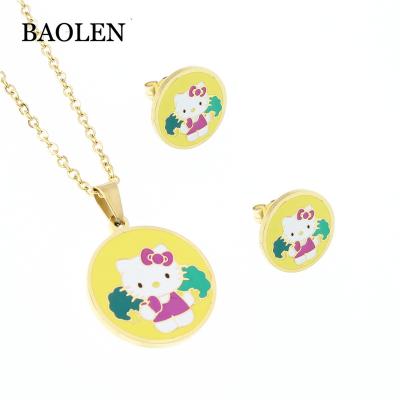 China 316L Stainless Steel Round Yellow Enamel Kitty Jewelry Set Cartoon Kids Children Jewelry Set Gift Wholesale for sale