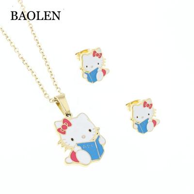 China 316L Stainless Steel Enamel Kitty Jewelry Set Cartoon Kids White Children Jewelry Set Guangzhou Jewelry Wholesale for sale