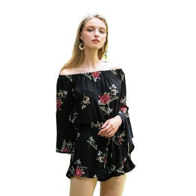 China Breathable Long Sleeve Jumpsuit Women Off Shoulder Chiffon Loose Black Shorts Jumpsuit for sale