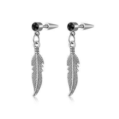 China Vintage Design Punk Feather Tassel Stud Drop Earrings For Women Men Jewelry Accessories Silver Stainless Feather Earring for sale