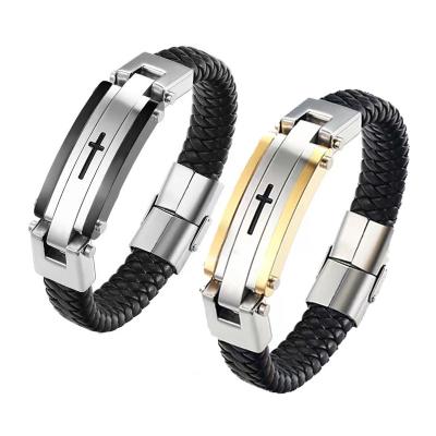 China Leather Bracelet Classic Fashion Stainless Steel Mens Jewelry Woven Bracelet Jewelry Crook Brand Leather Men's Cross Leather Bracelet for sale