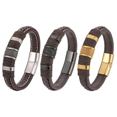 China Leather Bracelet Punk Rock Style Mens Fashion Brown Leather Rope Braided Bracelet With Magnetic Stainless Steel Clasp Jewelry For Friends Gifts for sale