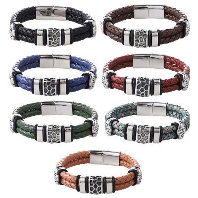 China Classic Double-Layer Leather Bracelet Accessories Stainless Steel Bangle Jewelry Vintage Bracelet 7 Colors For Men Handsome Gift for sale