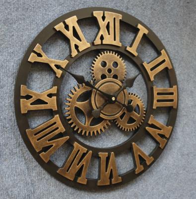 China Retro Old Gear 3D Iron Creative Creative European Style Wall Clock Amazon Style Silent Wooden Wall Clock for sale