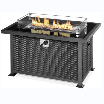 China Outdoor Rectangle Fire Pit Heater Pit with Wind Glass Guard 50,000 Btu Self Ignition Propane PE Rattan Gas Fire Pit Table Outdoor for sale