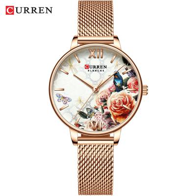 China Automatic Date CURREN 9060 Flower Design Watches Women Fashion Casual Leather Wristwatch Ladies Watch Clock Feminine Women's Quartz Watch for sale