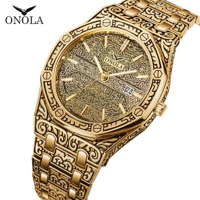 China Men's Luxury Gold Day/Date Stainless Steel Watch Date ONOLA 3812 Quartz Men's Vintage Automatic Movement Casual Vintage Gold Classic Watches for sale