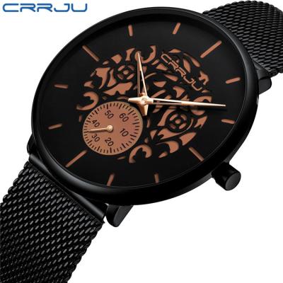 China Hot Selling Date CRRJU 2150 Automatic Date Fashion Mesh Steel Men's Ultra Thin Male Dress Wristwatches Quartz Luxury Watches Belt for sale