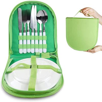 China 12 Piece Stainless Steel Picnic Disposable Camping Cutlery Sets Including White Plate, Serrated Knife and Fork for sale