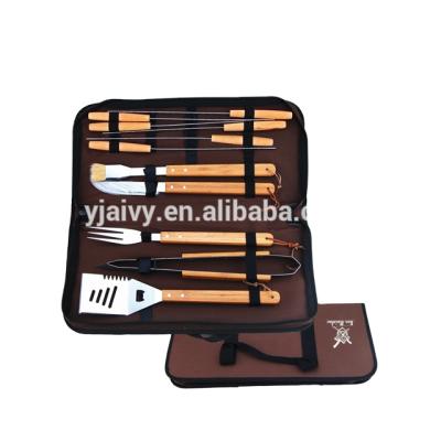 China Easily Cleaned Bamboo Handle 12pcs BBQ Tool Kit With Oxford Bag for sale