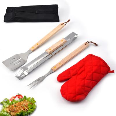 China Wholesale Easily Cleaned Portable Stainless Steel Handle 4pcs BBQ Woodworking Tool Kit With Apron for sale