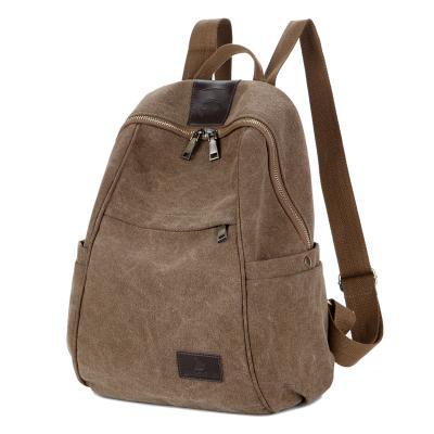 China Durable Brown Gray Black Double Zippers Boys Girls School Durable Travel Backpack Canvas Leather Rucksack Backpacks for sale