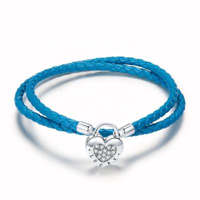 China FASHIONABLE Blue Zircon Leather Heart Double-Layer Rope Woven Bracelet S925 Pendant Bracelet for sale