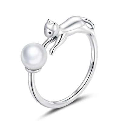 China Small Romantic Cute Girls Resizable Cat and Pearl Ring 925 Sterling Silver Fine Jewelry for sale