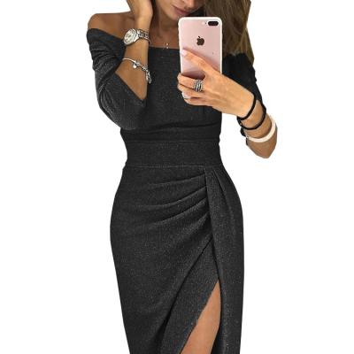 China Women's Crystal Dinner Dress Women's Luminous Collar Hip Slit Dress Breathable Clothes for sale