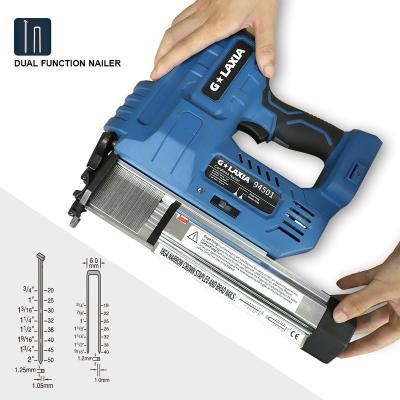 China Portable 2-In-1 Gauge Nail Gun Brad Nailer Cordless Furniture Galaxia 20V Battery Power 18 Cordless Nail Gun for sale