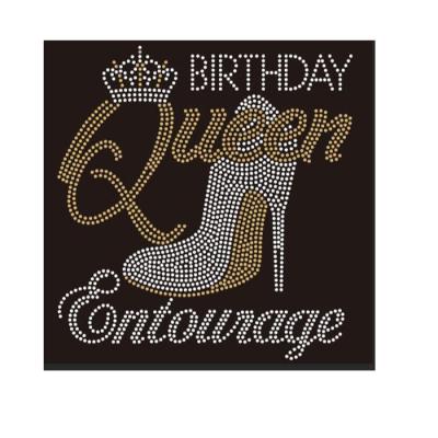 China Custom Flatback Hotfix Crystal Birthday Queen Entourage Heel Iron On Rhinestone Transfer For T Shirt for sale